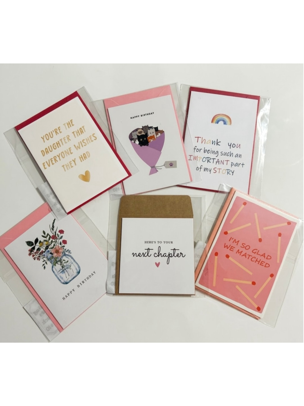Set of 6 Blank Greeting Card White Pink Multi-Color
